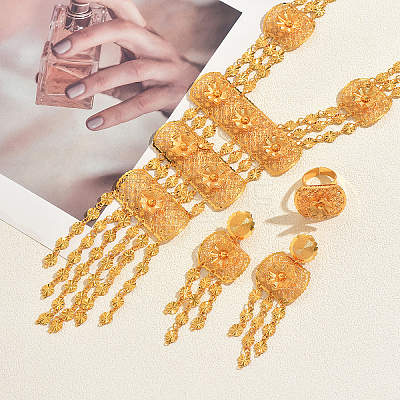 Luxury Vintage Iron Floral Filigree Necklace & Dangle Stud Earrings & Ring Sets for Women LF1388-1