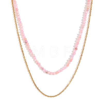 18K Gold Plated Stainless Steel & Natural Pink Opal Beaded Double Layer Necklaces for Women QW1726-4-1