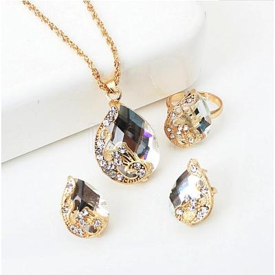 Alloy Glass Pendant Necklaces & Stud Earrings & Rings Sets WGA5C1C-05-1