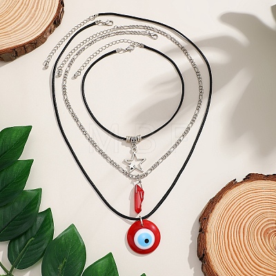Alloy & Iron Chain & Evil Eye Acrylic Pendant Imitation Leather Wax Cord 3 Layered Necklaces FS-WG27ECA-03-1