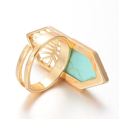 Hexagon Brass Synthetic Turquoise Wide Band Rings X-RJEW-O023-01C-1