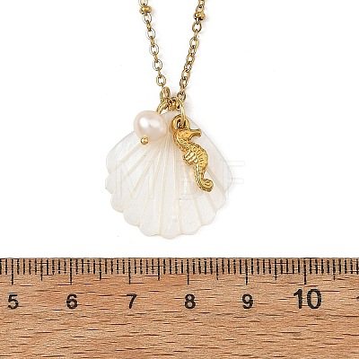 Summer Beach Natural Carved White Shell & 304 Stainless Steel Sea Animals Pendant Satellite Chain Necklaces NJEW-JN06505-1