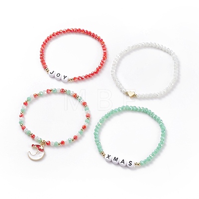 4Pcs 4 Style Glass Stretch Bracelets Set with Word Xmas Joy Acrylic Beads BJEW-TA00126-1