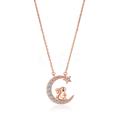 Chinese Zodiac Necklace Rabbit Necklace 925 Sterling Silver Rose Gold Bunny on the Moon Pendant Charm Necklace Zircon Moon and Star Necklace Cute Animal Jewelry Gifts for Women JN1090D-1