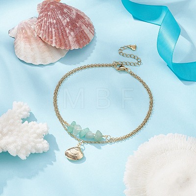 Natural Geen Aventurine Chips Beaded & Shell Charms Double Layer Multi-strand Bracelet AJEW-AN00511-02-1