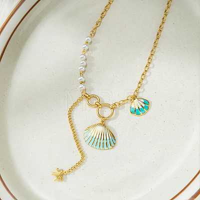 Summer Beach 304 Stainless Steel Enamel Shell Shape Pendant Necklaces with White Plastic Pearl for Women WGC94A0-01-1