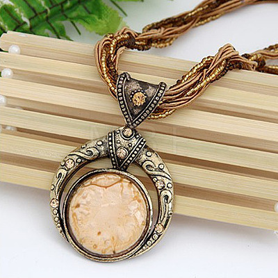 Bohemian Style Flat Round Alloy & Resin Imitation Gems Pendant Necklaces WG23E28-05-1