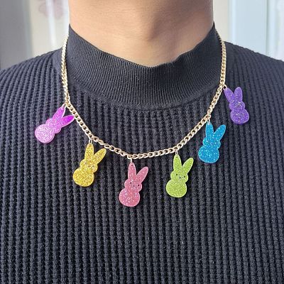 Easter Rabbit Acrylic Glitter Pendant Bib Necklaces with Alloy Chains FS-WG2FC95-02-1