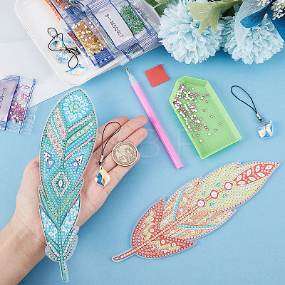 DIY Feather Bookmark with Pendant Diamond Painting Kits DIY-WH0366-57-1
