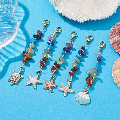 Starfish/Shell/Turtle Alloy Enamel Charms & 7 Chakra Gemstone Chips Beaded Pendant Decoration HJEW-JM01205-1