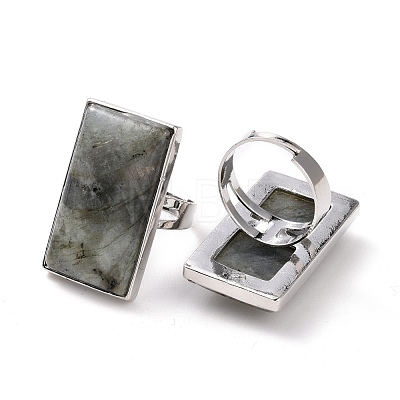 Adjustable Rectangle Natural Labradorite Brass Rings RJEW-N024-01A-1