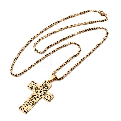 Religion 201 Stainless Steel Hollow Virgin Cross Pendant Necklaces for Men Women NJEW-Z118-01G-1
