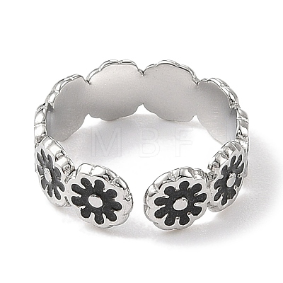 Flower 304 Stainless Steel Enamel Open Cuff Rings for Women RJEW-F166-31P-01-1