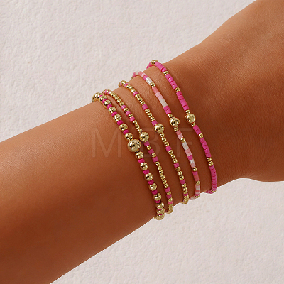 5Pcs 5 Styles Bohemian Style Glass Seed Bead & Brass Beads Stretch Bracelets Set for Women XX3462-6-1