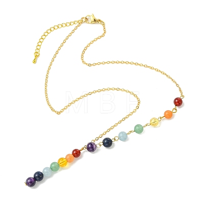 Chakra Round Natural Gemstone Beaded Pendant Brass Cable Chain Necklaces for Women NJEW-JN06266-1