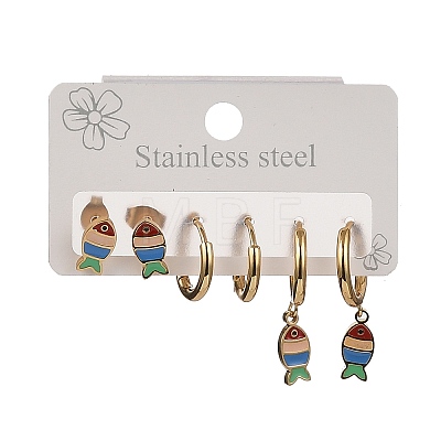 3 Pairs 304 Stainless Steel Enamel Hoop & Stud Earring Sets EJEW-Z166-01G-01-1