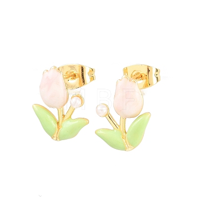 Flower Brass Enamel Stud Earrings EJEW-T051-08B-1