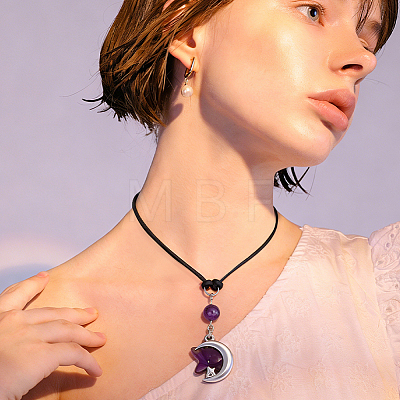 Natural Amethyst Star & 304 Stainless Steel Moon Car Hanging Pendant Decorations HJEW-DR00328-1