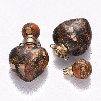 Heart Assembled Natural Bronzite and Synthetic Imperial Jasper Openable Perfume Bottle Pendants G-R484-01F-1