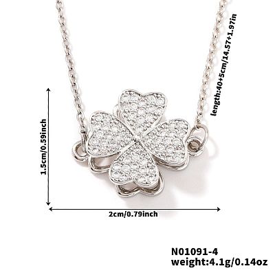 Saint Patrick's Day Clover Brass Micro Pave Clear Cubic Zirconia Pendant Necklaces for Women UQ5497-2-1