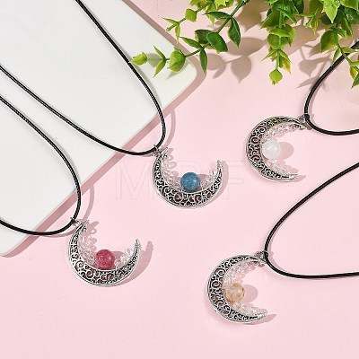 4Pcs 4 Colors Round Natural Dyed Green Jade & Heated Citrine & Hemimorphite & Moonstone Alloy Hollow Moon Pendant Black Waxed Cord Necklaces for Women NJEW-TA00262-1