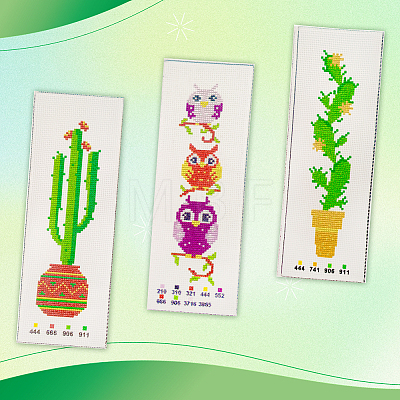 3 Sets 3 Style DIY Oval & Cactus Pattern Bookmark Cross-Stitch Kit DIY-NB0008-96-1