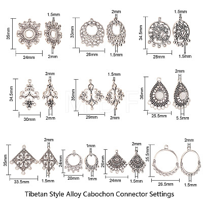 60Pcs 10 Styles Tibetan Style Alloy Cabochon Connector Settings TIBE-CJ0001-14-1