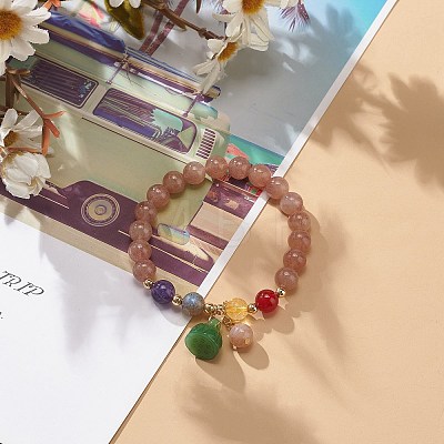Natural & Synthetic Mixed Gemstone Round Beaded Stretch Bracelet with Glass Lotus Seedpod Charms for Women BJEW-JB09027-1