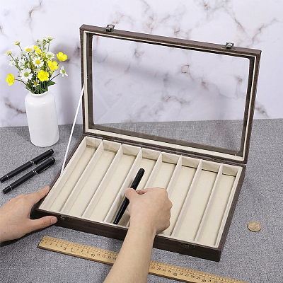 8-Slot MDF Covered with PU Leather Pen Organizer Display Cases with Acrylic Window Lid ODIS-WH0086-232A-01-1