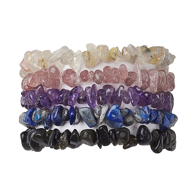 12 Constellation Natural Mixed Gemstone Chip Beaded Stretch Bracelets Sets for Women Men BJEW-JB10264-03-1