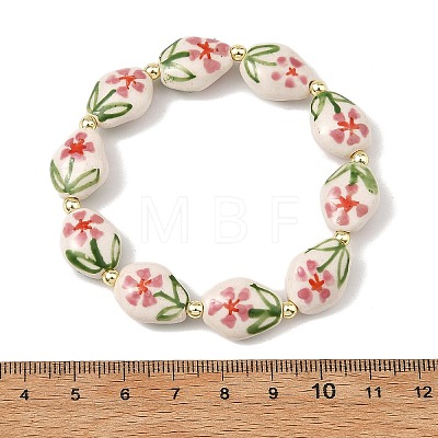 Handmade Printed Porcelain Floral Oval Beaded Stretch Bracelets BJEW-JB14182-1