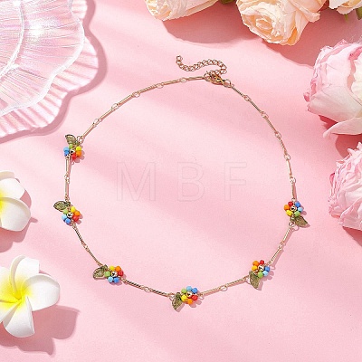 Rainbow Color Glass Beaded Flower Necklaces NJEW-TA00173-02-1