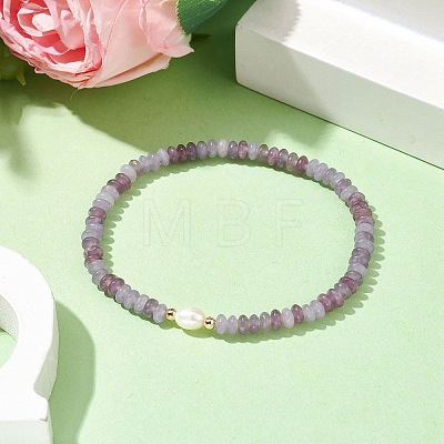 Natural Lepidolite/Purple Mica Stone Rondelle & Pearl Beaded Stretch Bracelets BJEW-JB09918-04-1