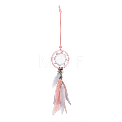 Handmade Round Leather Woven Net/Web with Feather Wall Hanging Decoration HJEW-G015-03-1