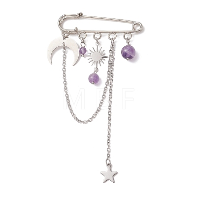 Amethyst & Brass & 304 Stainless Steel Pendant Brooches JEWB-TA00025-1
