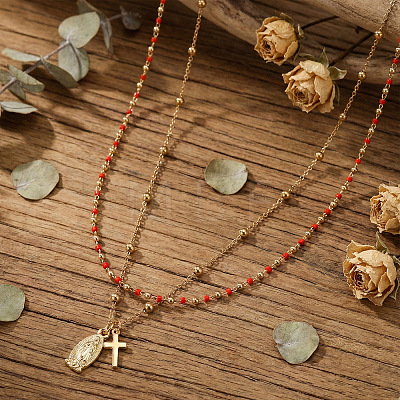 Red Glass Beaded Chain Double Layer Necklaces with Stainless Steel Religion Virgin Cross Pendant QR8888-1-1