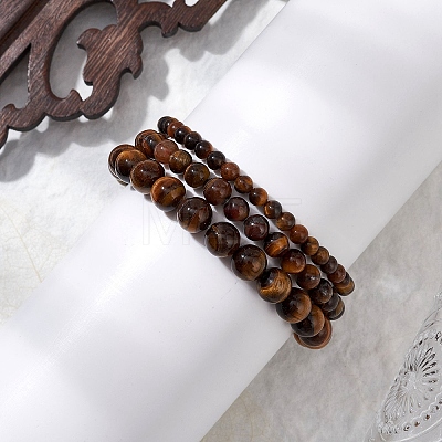 3Pcs Round Natural Tiger Eye Beads Stretch Bracelets BJEW-JB10964-1