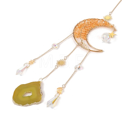 Wire Wrapped Natural Yellow Quartz Moon with Tree of Life Pendant Decorations HJEW-K046-07G-02-1