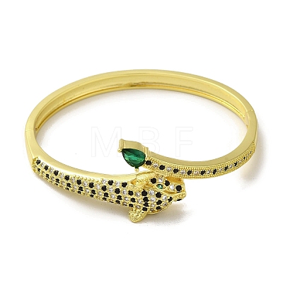 Brass Pave Green Cubic Zirconia Leopard Hinged Bangle for Women BJEW-K246-02G-1