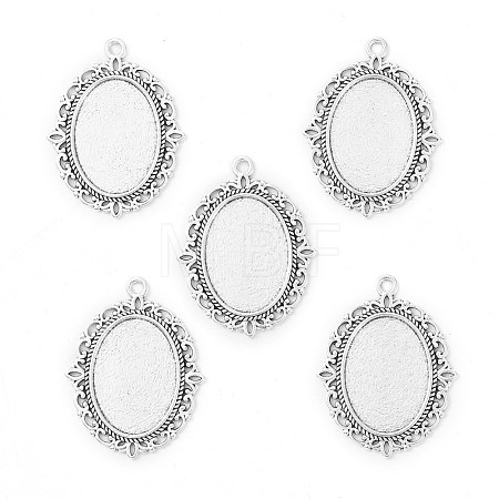 Tibetan Style Antique Silver Alloy Flat Oval Pendant Cabochon Settings X-TIBEP-M022-20AS-1