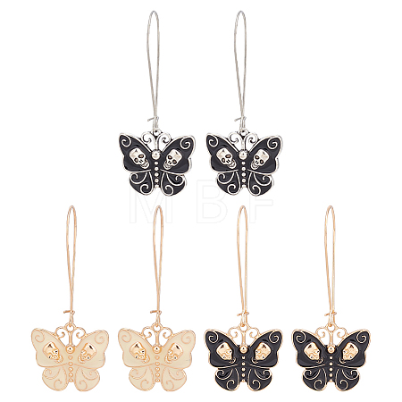 3 Pair 3 Color Enamel Butterfly with Skull Hoop Earrings EJEW-AN0002-46-1