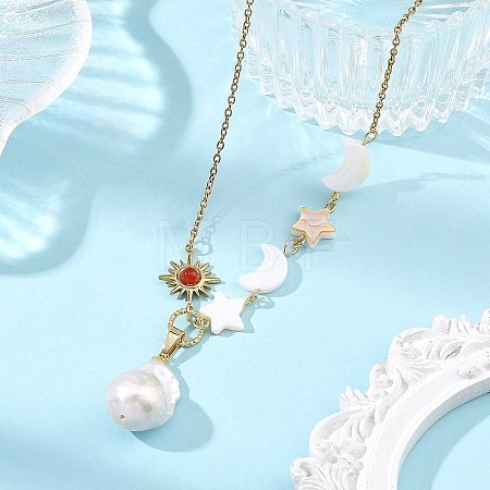 Natural Baroque Keshi Pearl Nuggets Pendant 304 Stainless Steel Cable Chain Necklaces for Women NJEW-JN06697-1