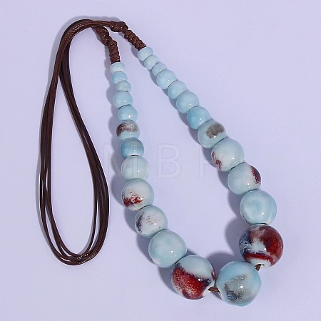 Ethnic Style Porcelain Round Graduated Beaded Waxed Cord Necklaces for Women FS-WG62C5E-02-1