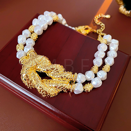 Brass Knot Plastic Imitation Keshi Pearl Nuggets Beaded 2-Strand Choker Necklaces for Women FS-WG8CEF6-01-1