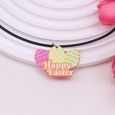 Colorful Happy Easter Acrylic Plaid Pendant Black Waxed Cord Necklaces for Women FS-WGC6641-08-1