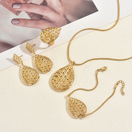 Stainless Steel Hollow Teardrop Bracelets & Earrings & Necklaces & Rings Sets for Women GO0087-1