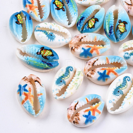 Printed Natural Cowrie Shell Beads SHEL-S266-21-1