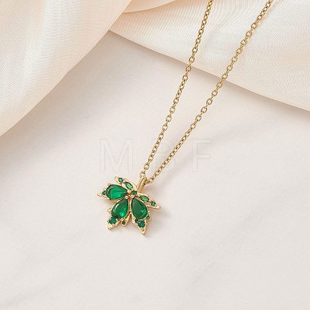 Brass Pave Cubic Zirconia Maple Leaf Pendant 304 Stainless Steel Cable Chain Necklaces for Women NJEW-JN05901-02-1