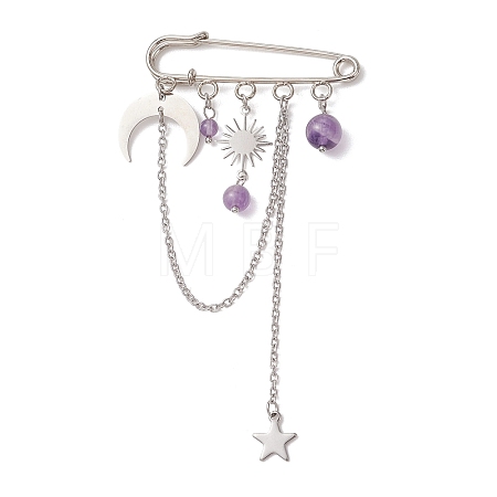 Amethyst & Brass & 304 Stainless Steel Pendant Brooches JEWB-TA00025-1