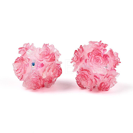 Polymer Clay Rhinestone Beads with Embossed Resin Roses RESI-T059-04G-1